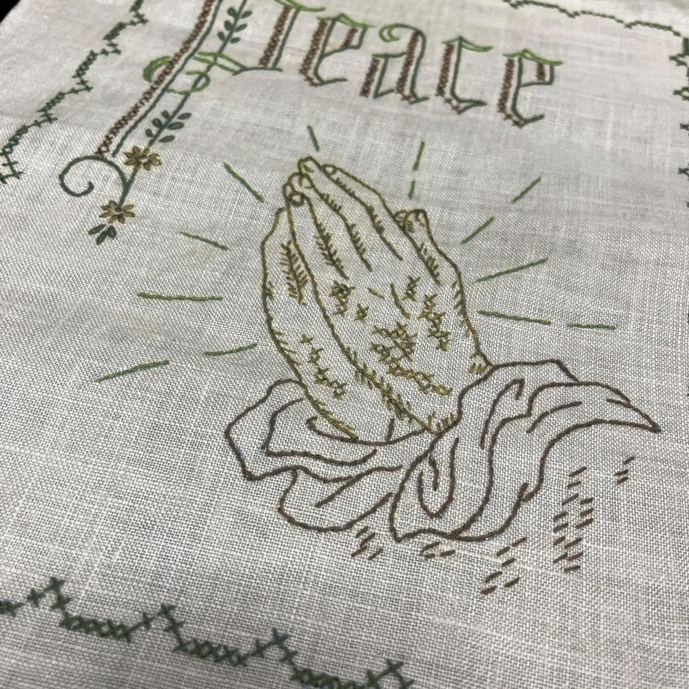 Vintage Hand Embroidered Peace Praying Hands Linen Textile Art 11x14 Off White - Picture 2 of 5